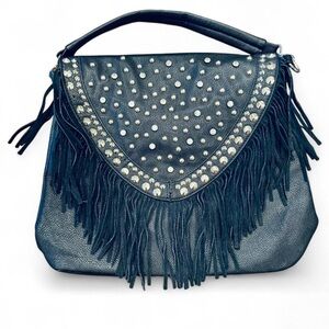 Large Fringed Studded Rhinestone Top-Handle Bag in Black